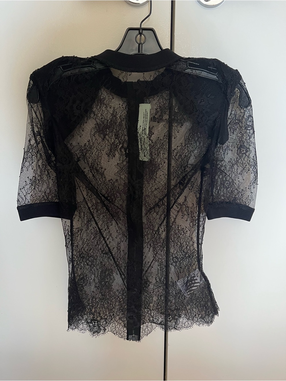 Off-White Black Sheer Lace Short Sleeve Blouse